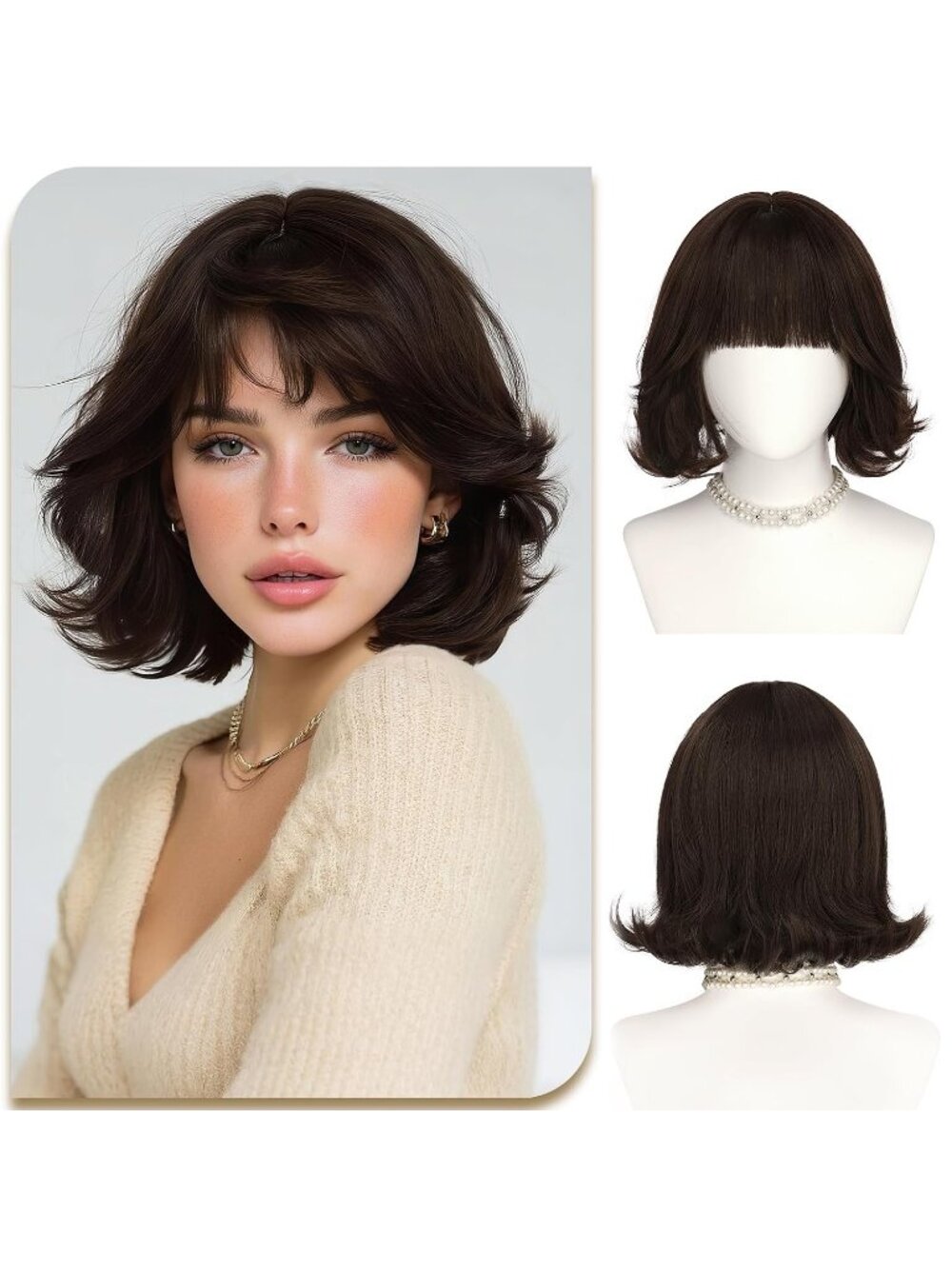 12 Inch Women's Dark Brown Layered Synthetic Bob Wig Natural Looking Bangs